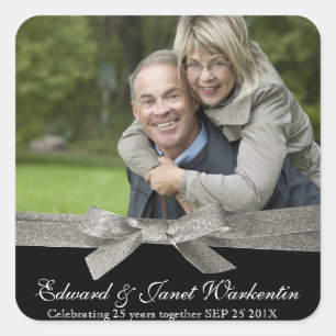 Happy Couple Photo with Silver Glitter Ribbon Square Sticker