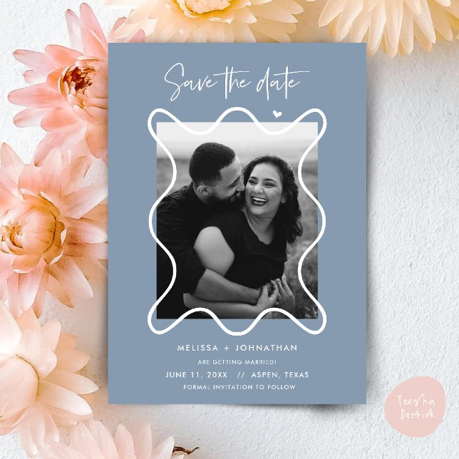 Happy Couple Save the date wedding announcement (Happy Couple Save the date wedding announcement whimsical in dusty blue)