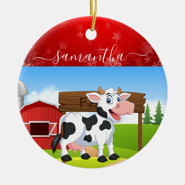 Happy Cow Christmas  Ceramic Ornament (Front)