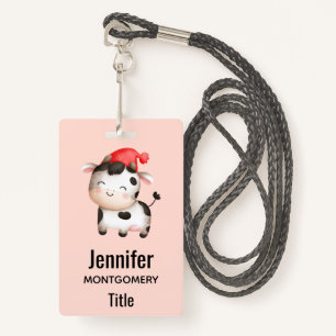 Happy Cow in a Cute Red Hat ID Badge