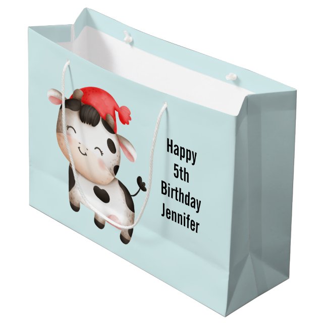 Happy Cow in a Cute Red Hat Large Gift Bag (Front Angled)