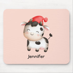 Happy Cow in a Cute Red Hat Mouse Mat
