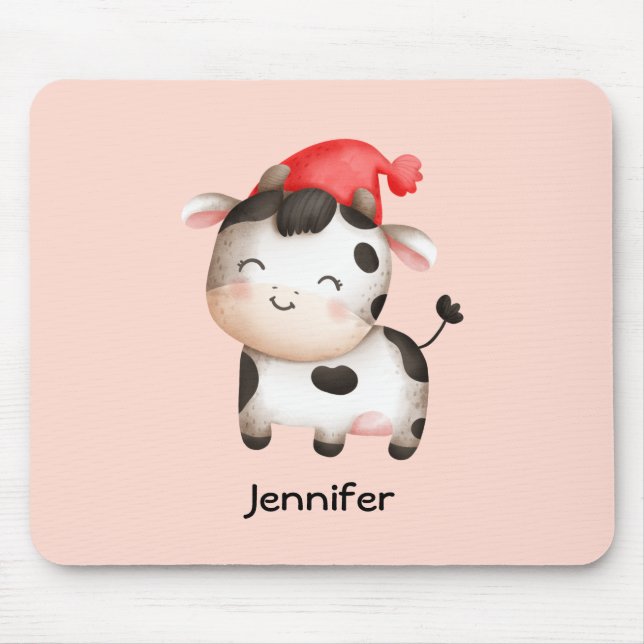 Happy Cow in a Cute Red Hat Mouse Mat (Front)