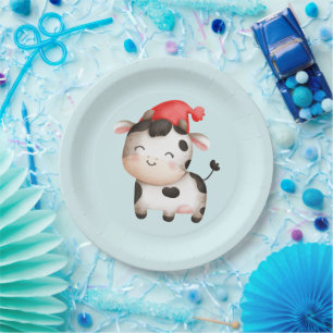 Happy Cow in a Cute Red Hat Paper Plate