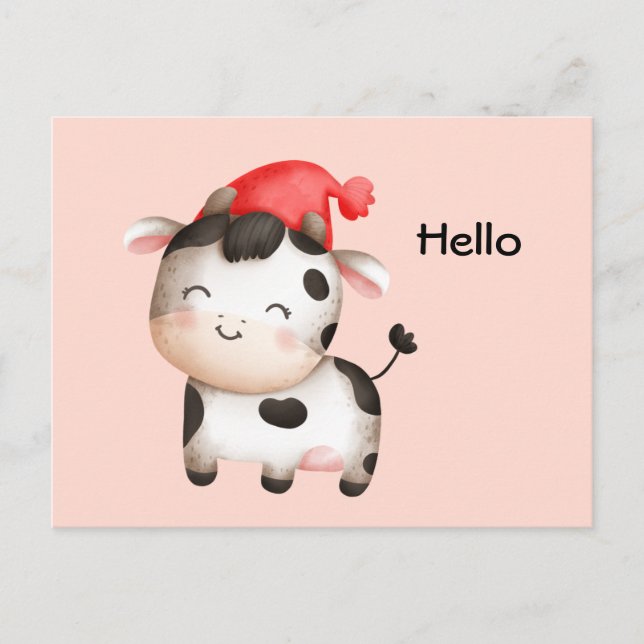 Happy Cow in a Cute Red Hat Postcard (Front)