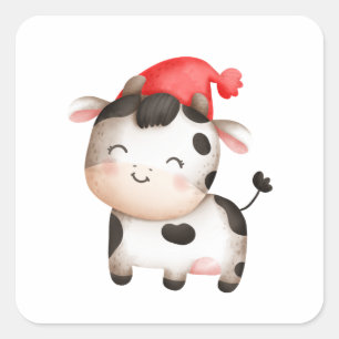 Happy Cow in a Cute Red Hat Square Sticker