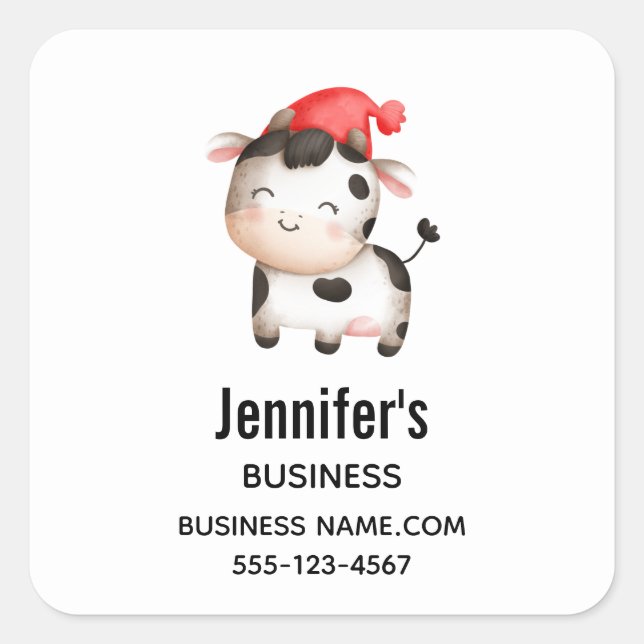 Happy Cow in a Cute Red Hat Square Sticker (Front)