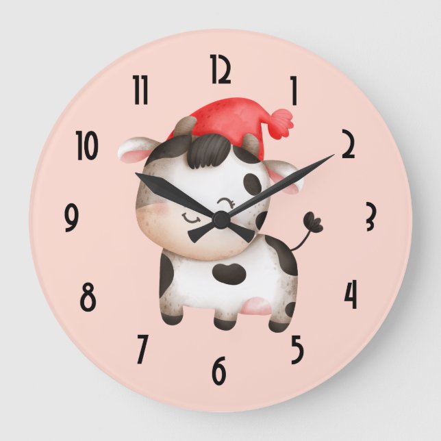 Happy Cow with a Red Hat Cute Large Clock (Front)