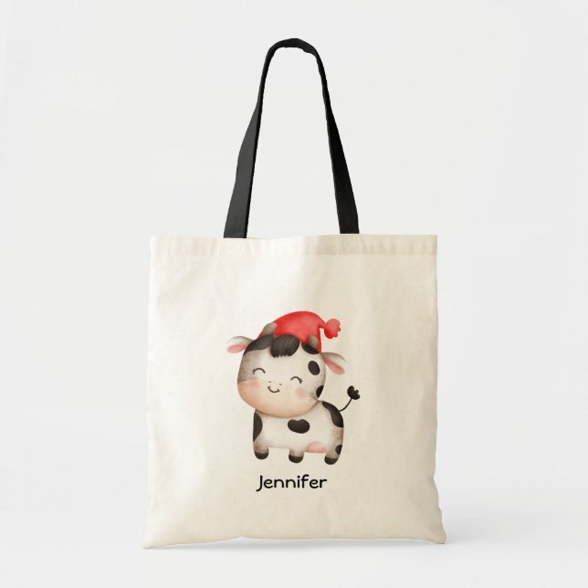 Happy Cow with a Red Hat Cute Tote Bag (Front)