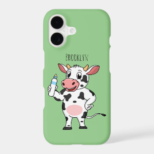 Happy cow with baby bottle cartoon