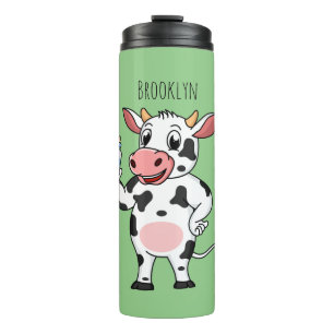 Happy cow with baby bottle cartoon