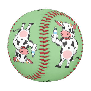 Happy cow with baby bottle cartoon baseball