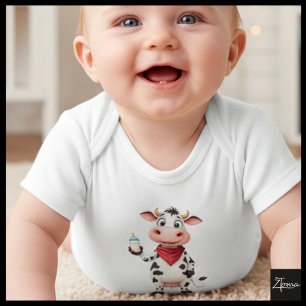 Happy cow with baby bottle cartoon  bodysuit
