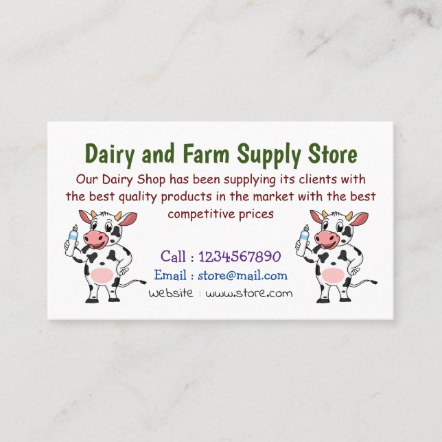 Happy cow with baby bottle cartoon business card (Front)