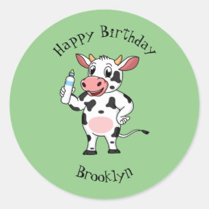 Happy cow with baby bottle cartoon classic round sticker