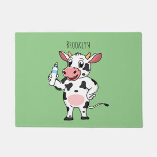 Happy cow with baby bottle cartoon doormat