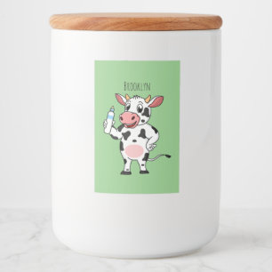 Happy cow with baby bottle cartoon food label