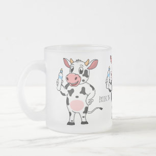 Happy cow with baby bottle cartoon frosted glass coffee mug