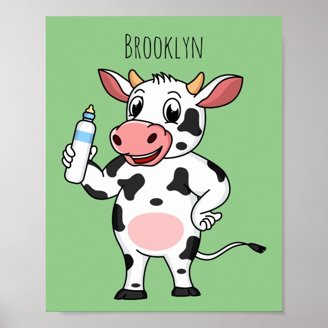 Happy cow with baby bottle cartoon poster (Front)