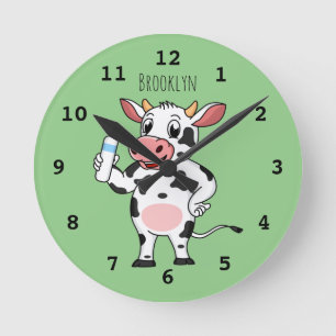 Happy cow with baby bottle cartoon round clock
