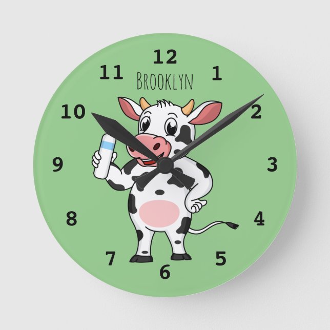 Happy cow with baby bottle cartoon round clock (Front)
