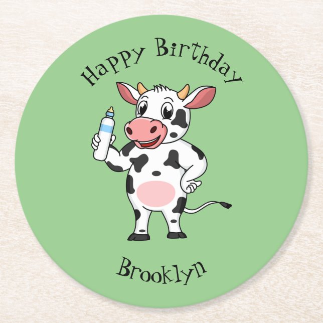 Happy cow with baby bottle cartoon  round paper coaster (Front)