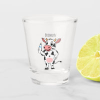 Happy cow with baby bottle cartoon