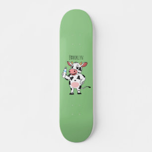 Happy cow with baby bottle cartoon skateboard