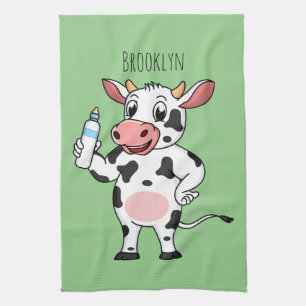 Happy cow with baby bottle cartoon  tea towel