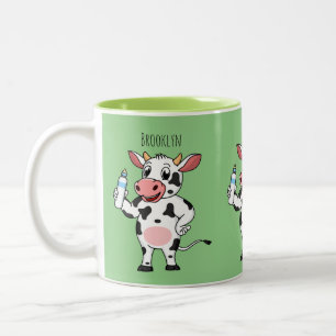Happy cow with baby bottle cartoon  Two-Tone coffee mug