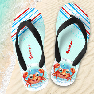 Happy Crab Boy Beach Name Kids Flip Flops