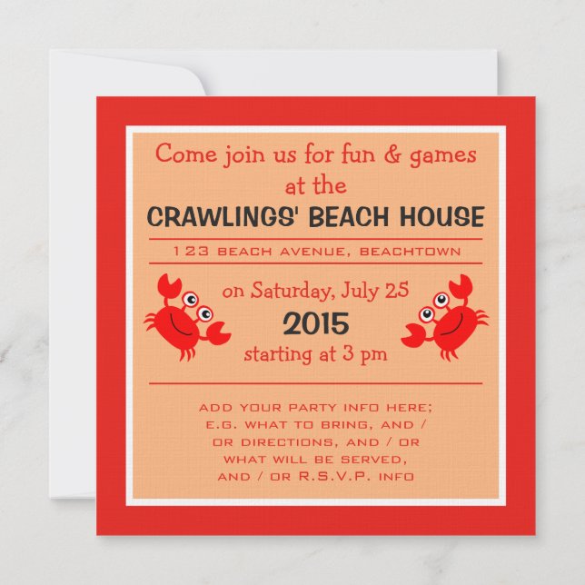 Happy Crab custom party invitations (Back)