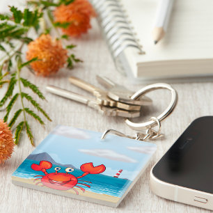 Happy Crab on Beach with Lighthouse Key Ring