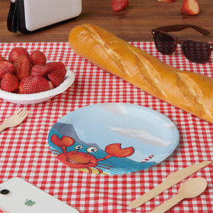 Happy Crab on Beach with Lighthouse Paper Plate