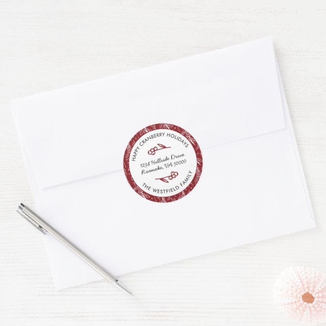 Happy Cranberry Holidays Burgundy Return Address Classic Round Sticker (Envelope)