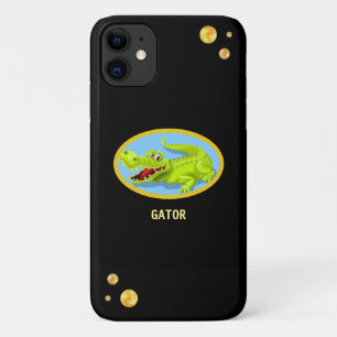 Happy crocodile & golden confetti on black iPhone 11 case