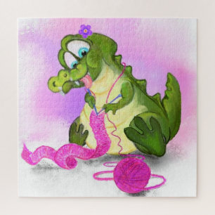 Happy Crocodile Knits Pink Scarf - Funny Painting Jigsaw Puzzle