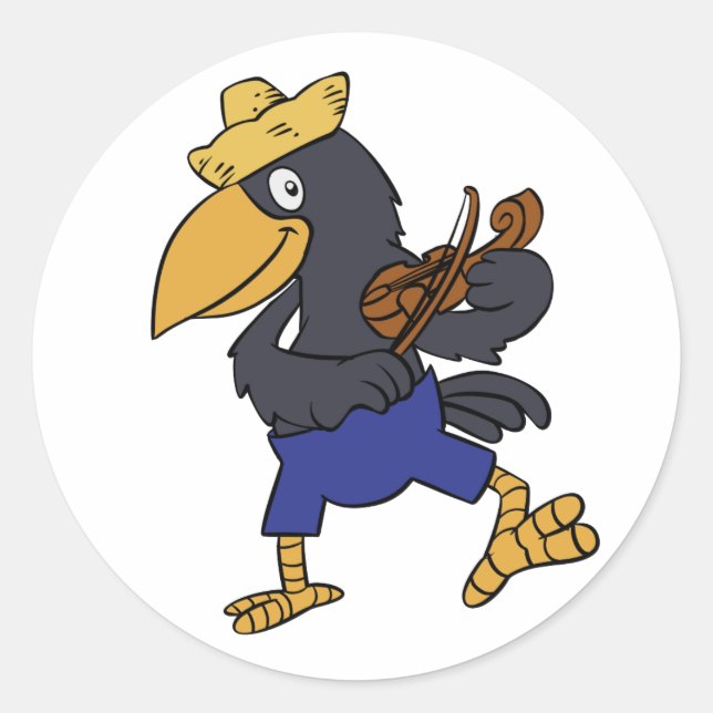 Happy Crow playing violin | choose background colo Classic Round Sticker (Front)