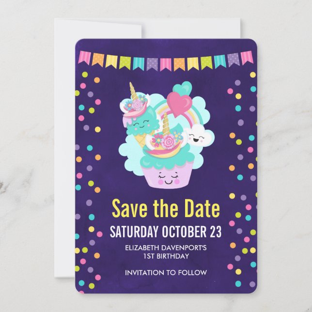 Happy Cupcake and Ice Cream Birthday Party Save The Date (Front)