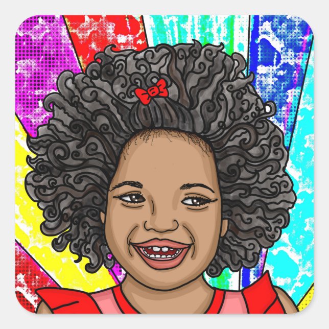 Happy Curls | Adorable Smiling Girl  Square Sticker (Front)