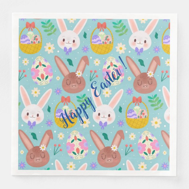 Happy Customise Easter Cute Rabbits Napkin (Front)