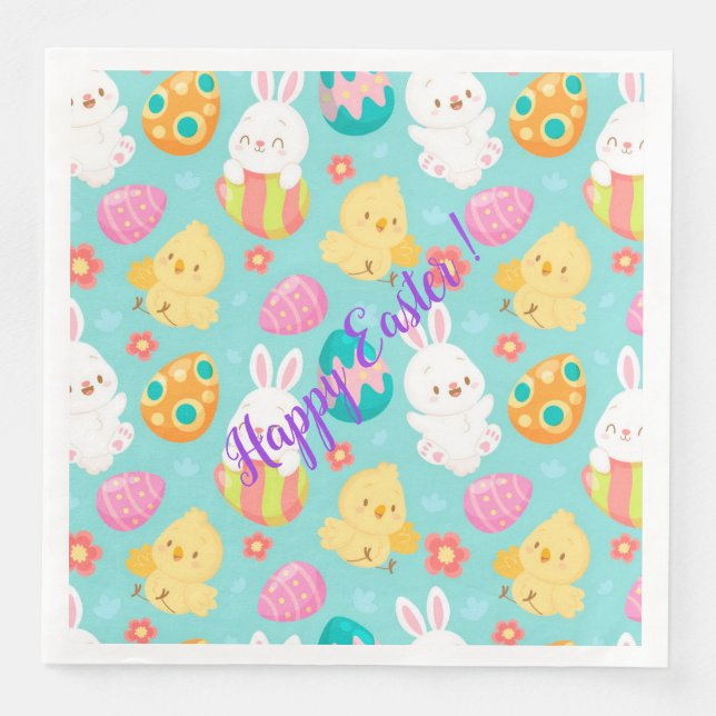 Happy Customise Easter Rabbit And Chicken Napkin (Front)