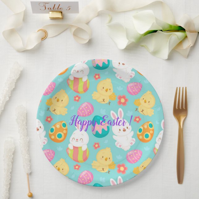 Happy Customise Easter Rabbit And Chicken Paper Plate (Wedding)