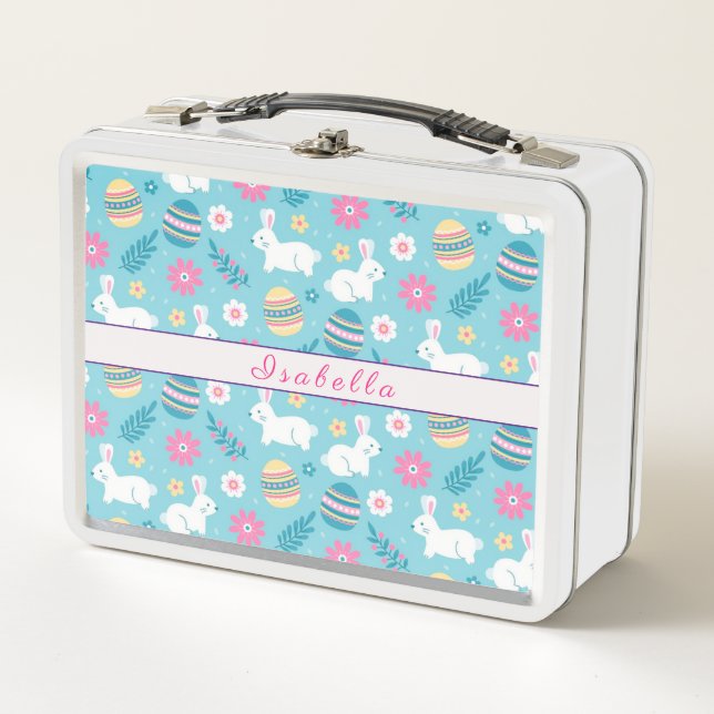 Happy Customise Easter Rabbit Floral Metal Lunch Box (Front)
