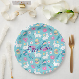 Happy Customise Easter Rabbit Floral Paper Plate