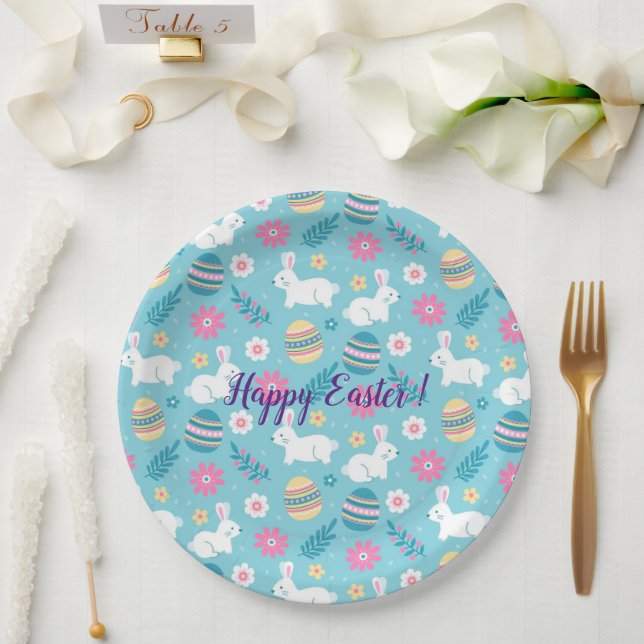 Happy Customise Easter Rabbit Floral Paper Plate (Wedding)