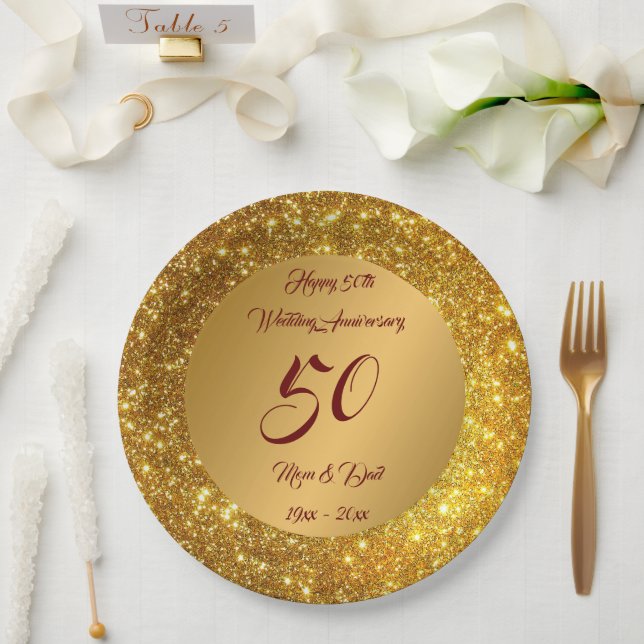 Happy Customise Gold Glitter 50th Anniversary Paper Plate (Wedding)