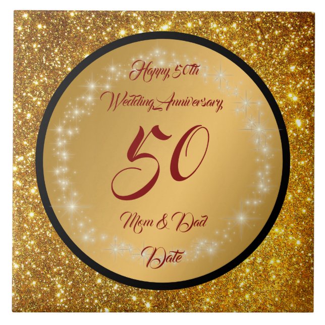 Happy Customise Gold Glitter 50th Anniversary Tile (Front)