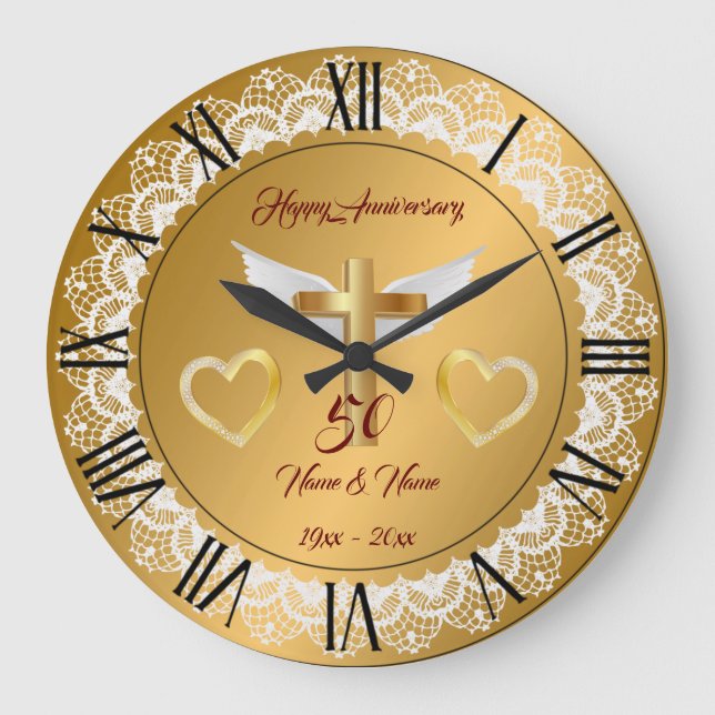Happy Customise Gold Lace Anniversary Large Clock (Front)