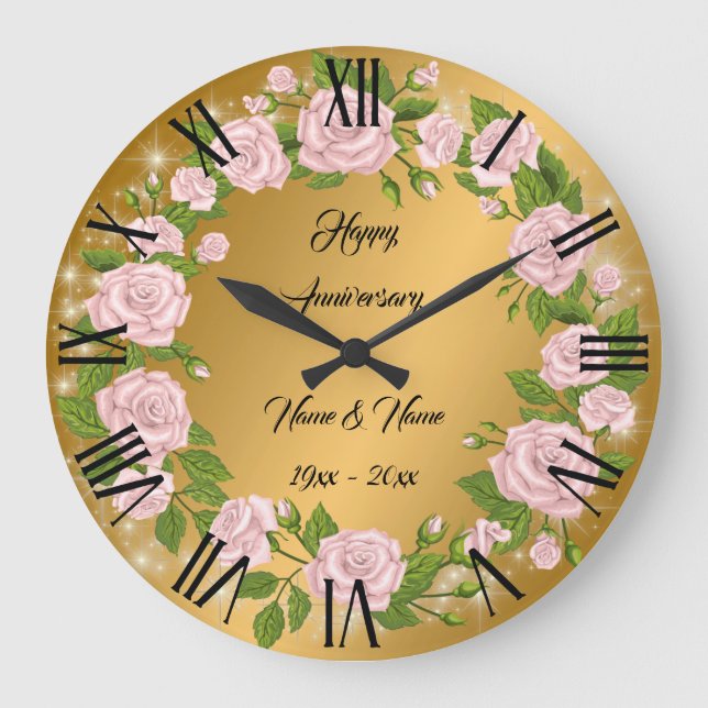 Happy Customise Gold Rose Anniversary Large Clock (Front)